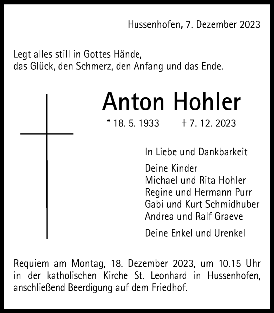 Traueranzeige von Anton Hohler