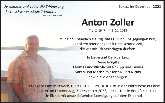Traueranzeige von Anton Zoller von Schwäbische Post