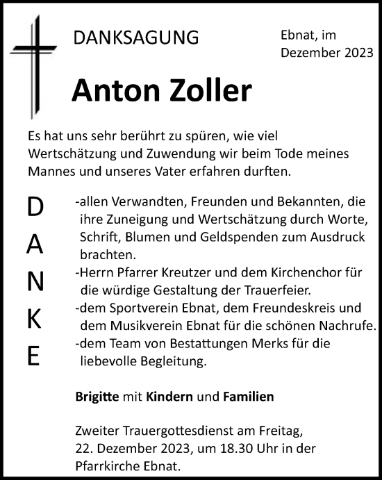 Traueranzeige von Anton Zoller von Schwäbische Post