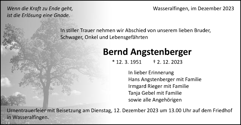  Traueranzeige für Bernd Angstenberger vom 08.12.2023 aus Schwäbische Post
