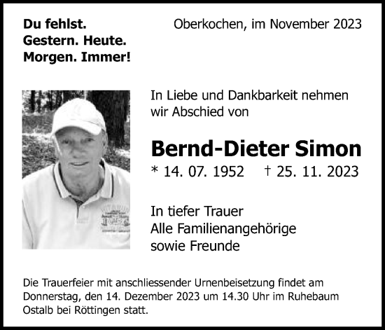 Traueranzeige von Bernd-Dieter Simon von Schwäbische Post