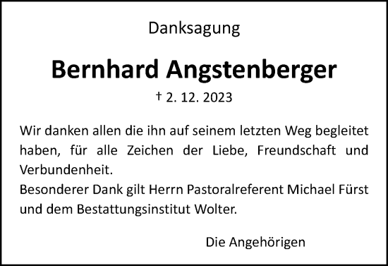 Traueranzeige von Bernhard Angstenberger von Schwäbische Post