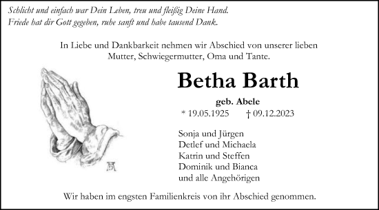 Traueranzeige von Betha Barth von Gmünder Tagespost