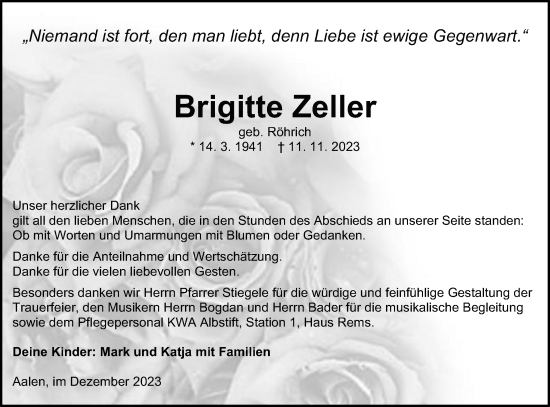 Traueranzeige von Brigitte Zeller von Schwäbische Post