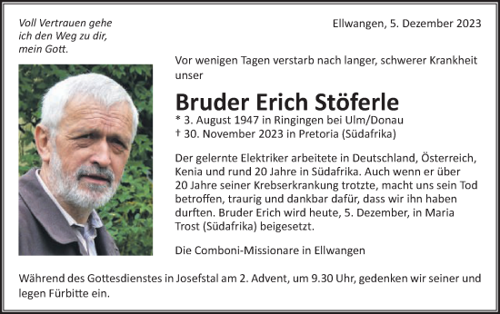 Traueranzeige von Bruder Erich Stöferle von Schwäbische Post