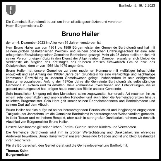 Traueranzeige von Bruno Hailer von Gmünder Tagespost