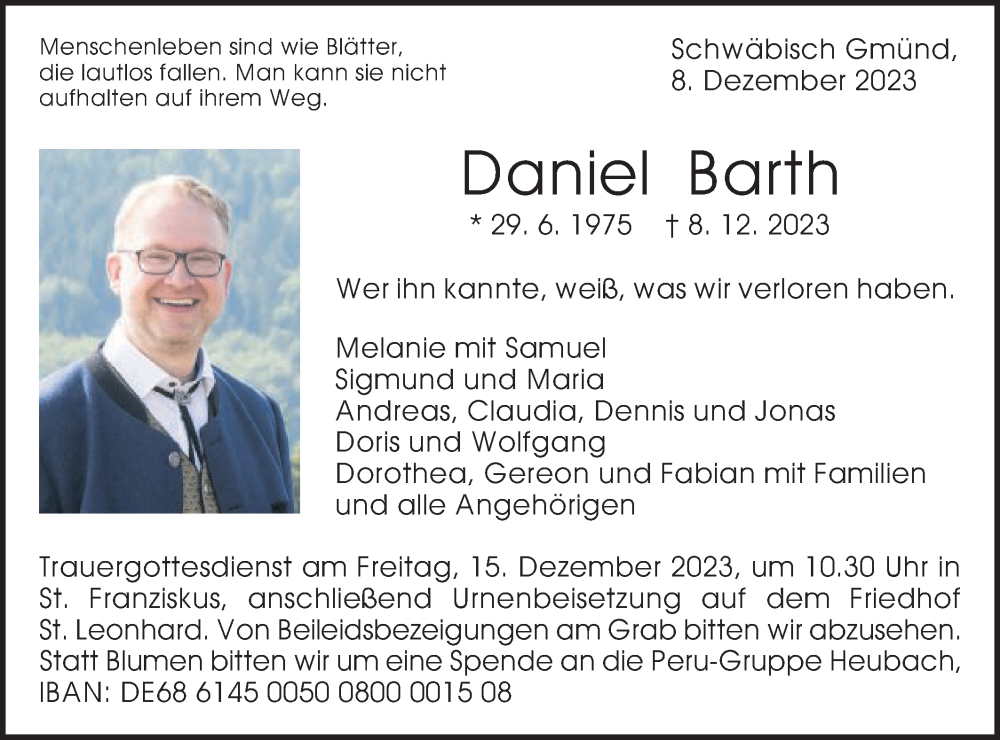  Traueranzeige für Daniel Barth vom 13.12.2023 aus Gmünder Tagespost