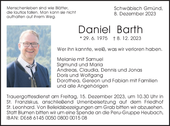 Traueranzeige von Daniel Barth