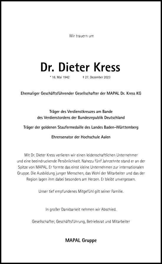 Traueranzeige von Dieter Kress von Schwäbische Post