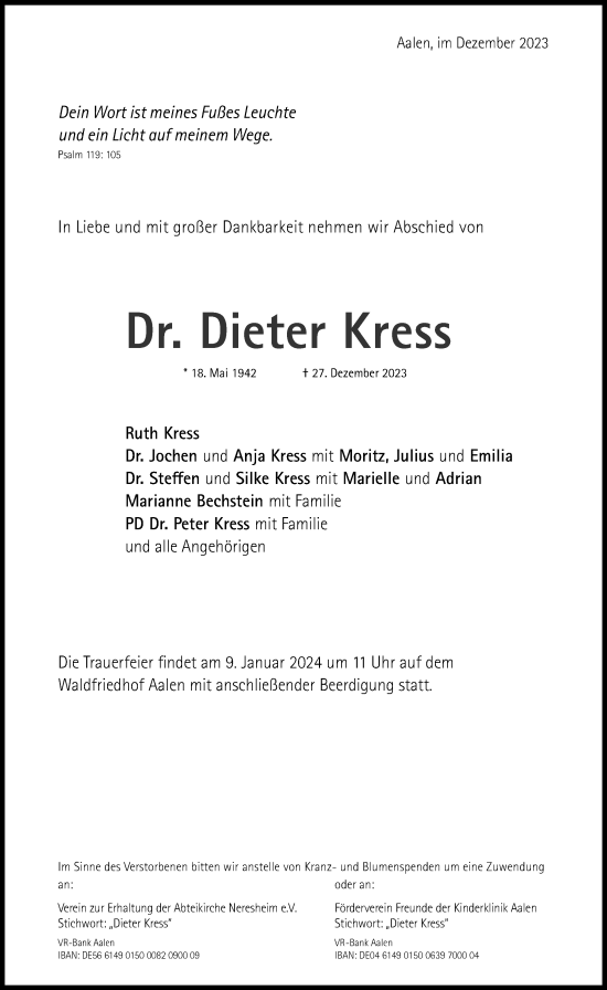 Traueranzeige von Dieter Kress von Schwäbische Post