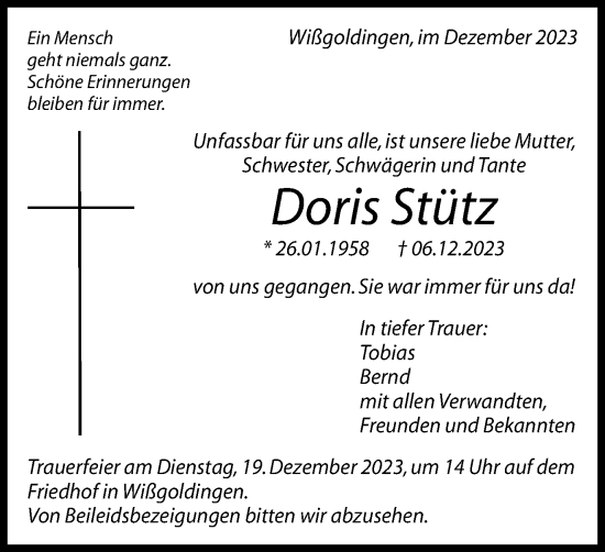 Traueranzeige von Doris Stütz von Gmünder Tagespost