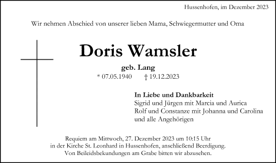 Traueranzeige von Doris Wamsler von Gmünder Tagespost