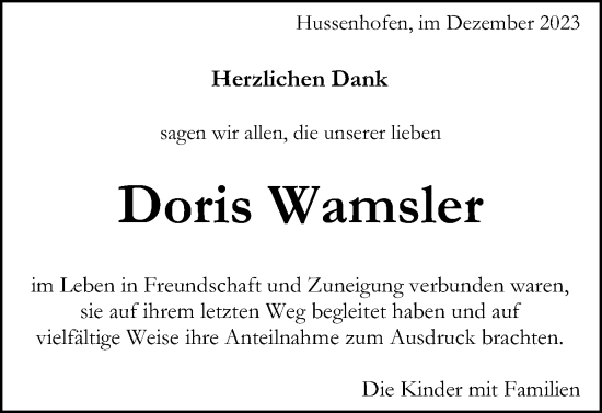 Traueranzeige von Doris Wamsler von Gmünder Tagespost