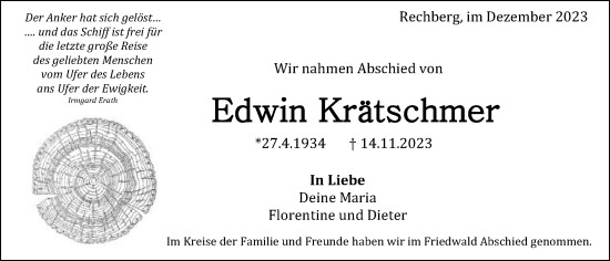 Traueranzeige von Edwin Krätschmer von Gmünder Tagespost