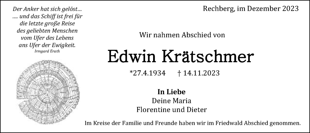  Traueranzeige für Edwin Krätschmer vom 23.12.2023 aus Gmünder Tagespost