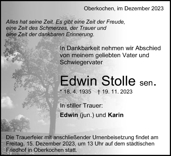 Traueranzeige von Edwin Stolle von Schwäbische Post