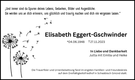 Traueranzeige von Elisabeth Eggert-Gschwinder von Gmünder Tagespost