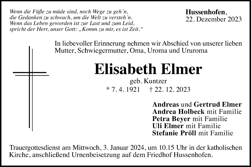  Traueranzeige für Elisabeth Elmer vom 30.12.2023 aus Gmünder Tagespost