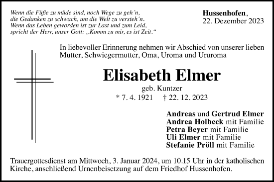 Traueranzeige von Elisabeth Elmer