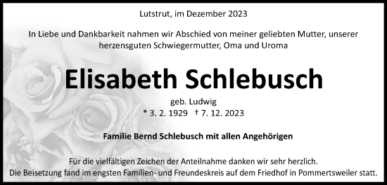 Traueranzeige von Elisabeth Schlebusch von Schwäbische Post