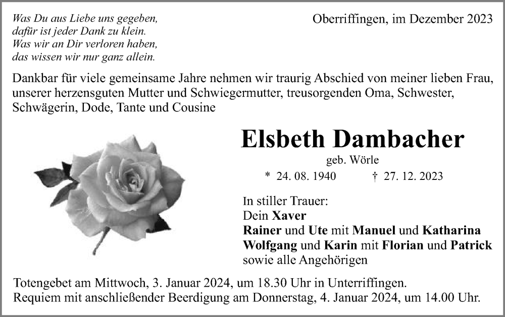  Traueranzeige für Elsbeth Dambacher vom 30.12.2023 aus Schwäbische Post