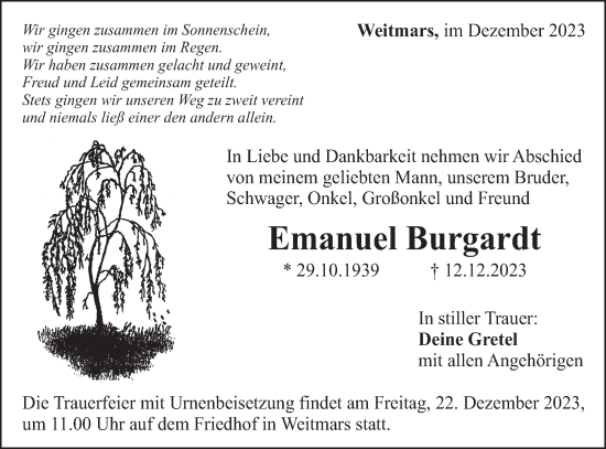 Traueranzeige von Emanuel Burgardt von Gmünder Tagespost