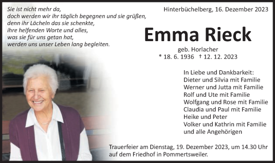 Traueranzeige von Emma Rieck von Schwäbische Post