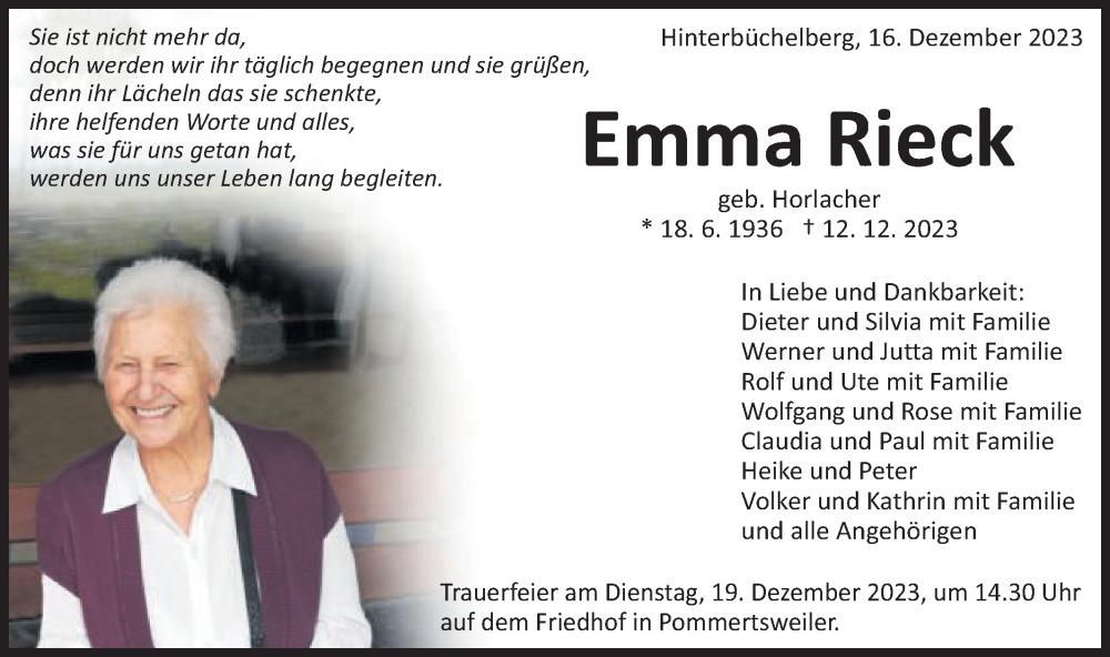  Traueranzeige für Emma Rieck vom 16.12.2023 aus Schwäbische Post