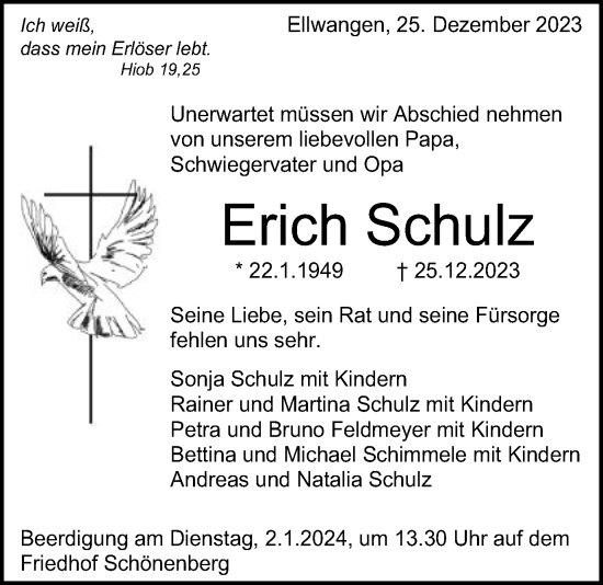 Traueranzeige von Erich Schulz von Schwäbische Post