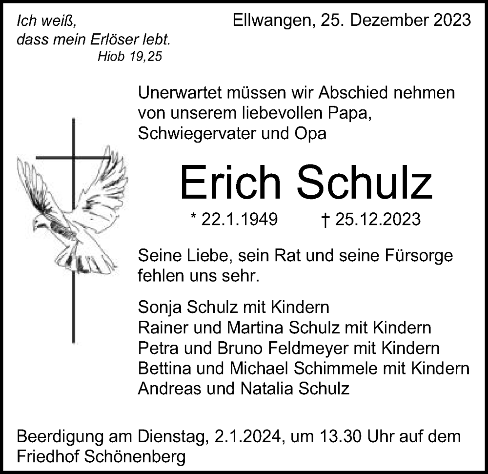  Traueranzeige für Erich Schulz vom 29.12.2023 aus Schwäbische Post