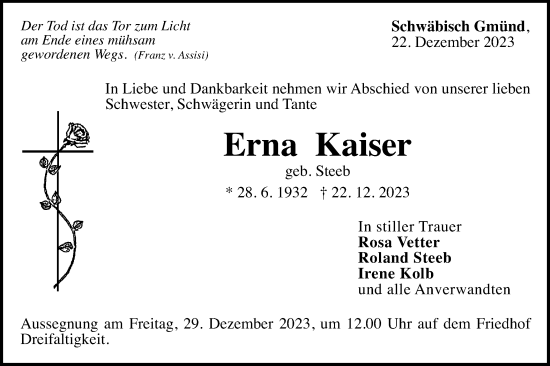 Traueranzeige von Erna Kaiser