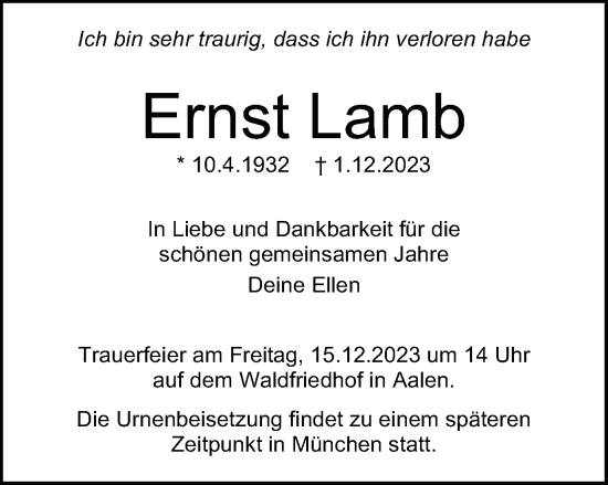 Traueranzeige von Ernst Lamb von Schwäbische Post
