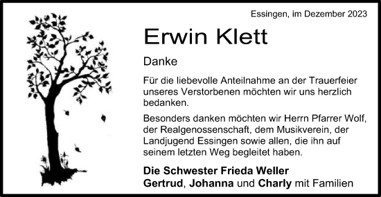 Traueranzeige von Erwin Klett von Schwäbische Post