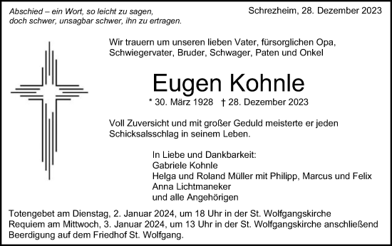 Traueranzeige von Eugen Kohnle von Schwäbische Post