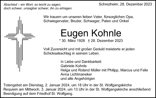 Traueranzeige von Eugen Kohnle