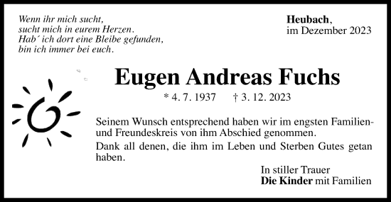 Traueranzeige von Eugen Andreas Fuchs von Gmünder Tagespost