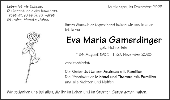 Traueranzeige von Eva Maria Gamerdinger von Gmünder Tagespost