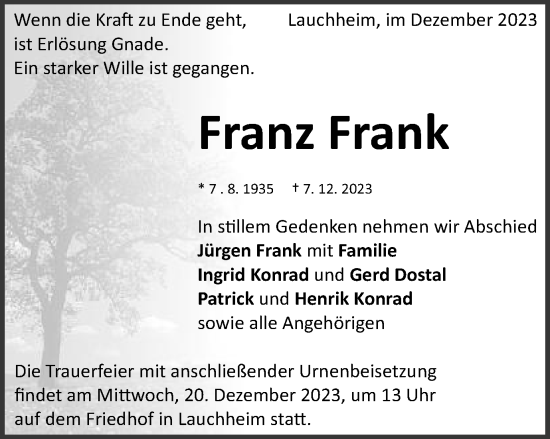 Traueranzeige von Franz Frank von Schwäbische Post