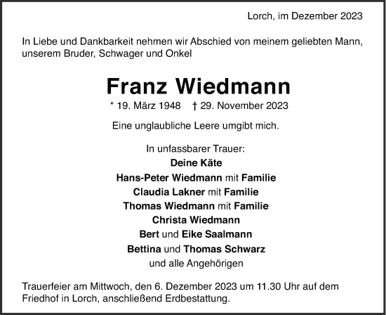 Traueranzeige von Franz Wiedmann von Gmünder Tagespost