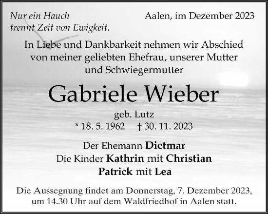 Traueranzeige von Gabriele Wieber von Schwäbische Post