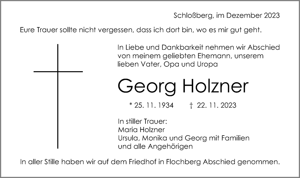  Traueranzeige für Georg Holzner vom 02.12.2023 aus Schwäbische Post