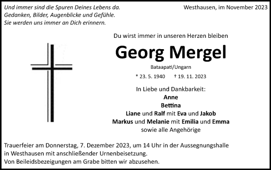 Traueranzeige von Georg Mergel von Schwäbische Post