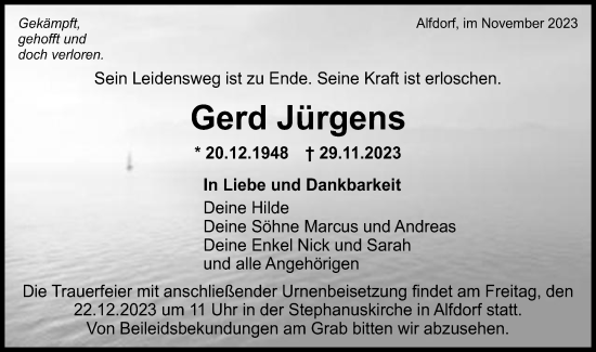 Traueranzeige von Gerd Jürgens von Gmünder Tagespost