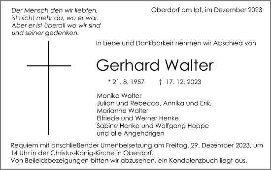 Traueranzeige von Gerhard Walter von Schwäbische Post