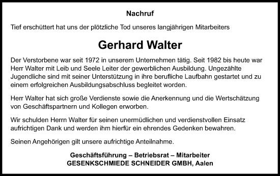 Traueranzeige von Gerhard Walter von Schwäbische Post