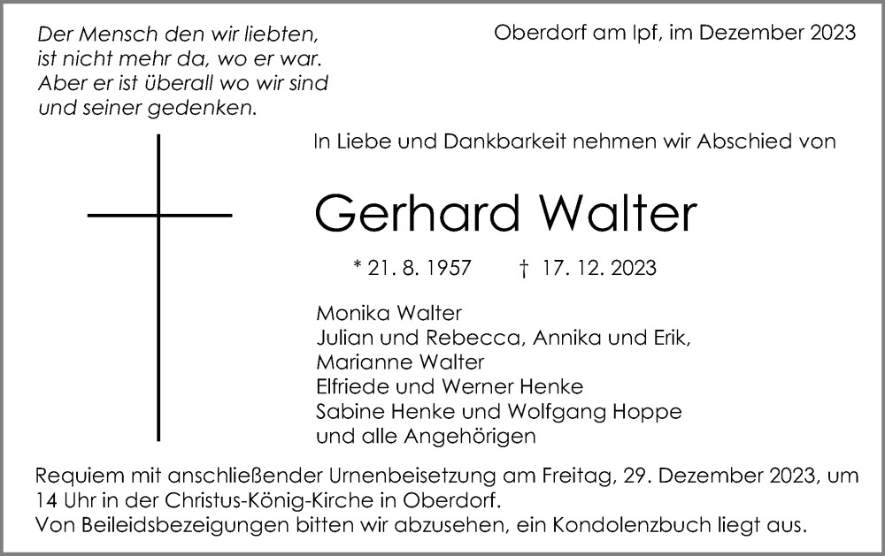  Traueranzeige für Gerhard Walter vom 23.12.2023 aus Schwäbische Post