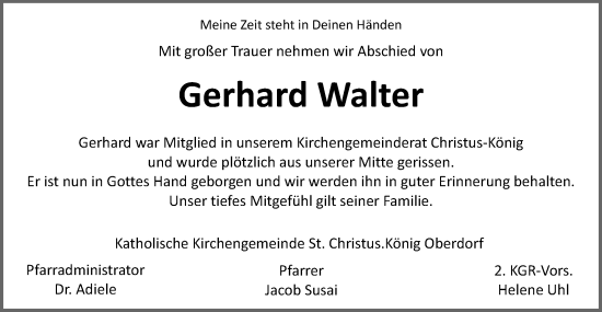 Traueranzeige von Gerhard Walter von Schwäbische Post