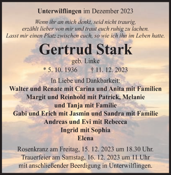 Traueranzeige von Gertrud Stark von Schwäbische Post