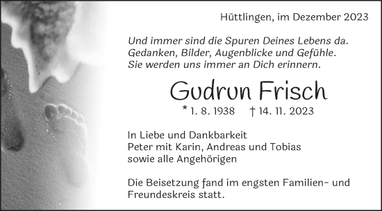 Traueranzeige von Gudrun Frisch von Schwäbische Post