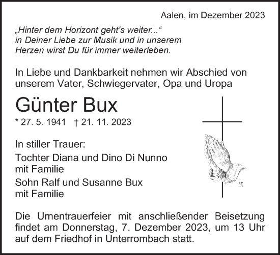 Traueranzeige von Günter Bux von Schwäbische Post